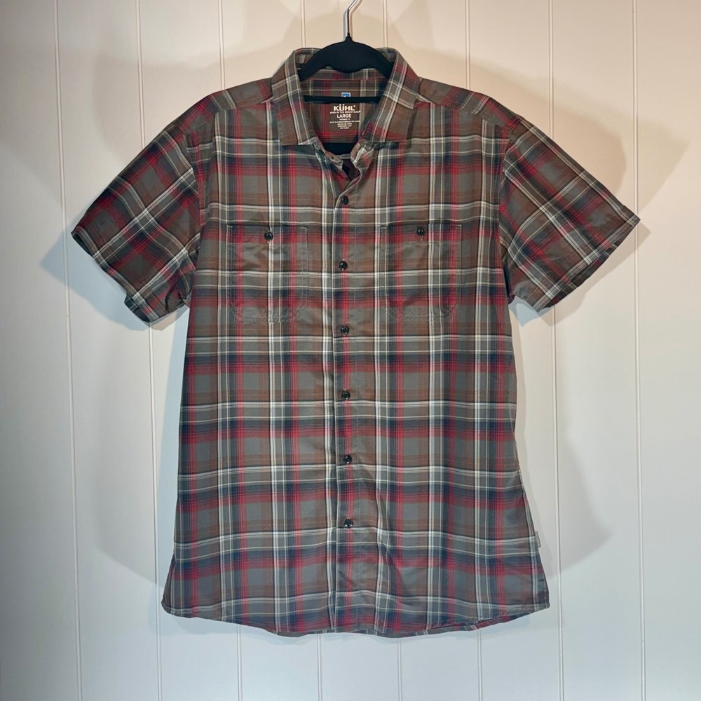Kuhl Mens Large Tapered Fit Plaid Short Sleeve Button Down Shirt Red Grey Brown